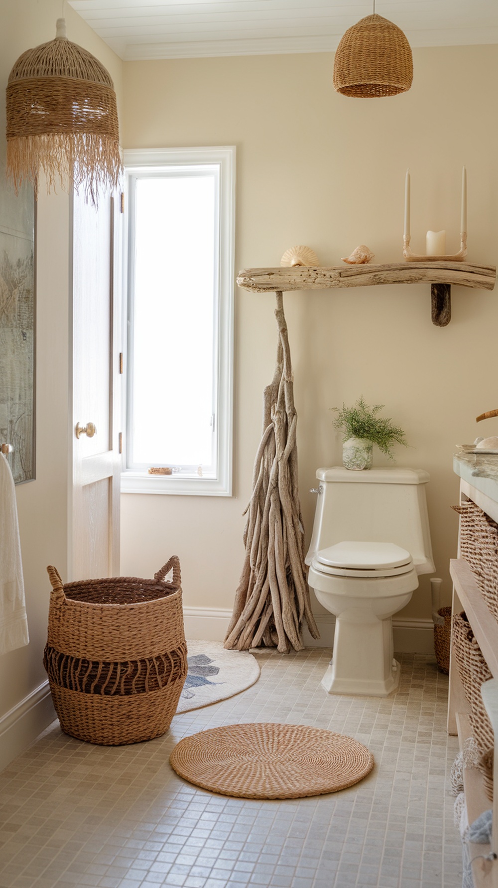 A beachy bathroom featuring natural textures with woven baskets, driftwood accents, and soft lighting.