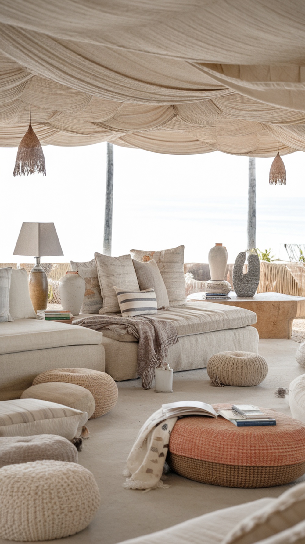 A cozy beach house interior featuring textured fabrics, comfortable seating, and natural light.