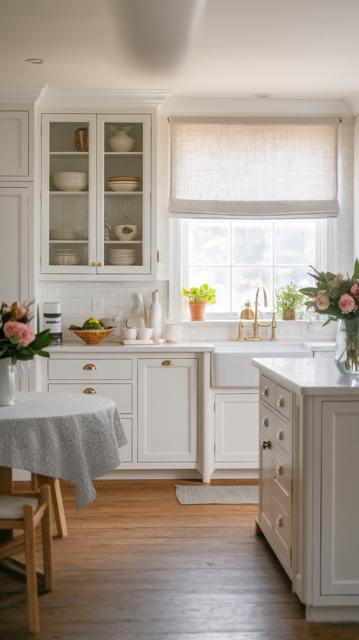 A bright white coastal kitchen featuring a textured tablecloth, linen window treatments, and a warm wooden floor.
