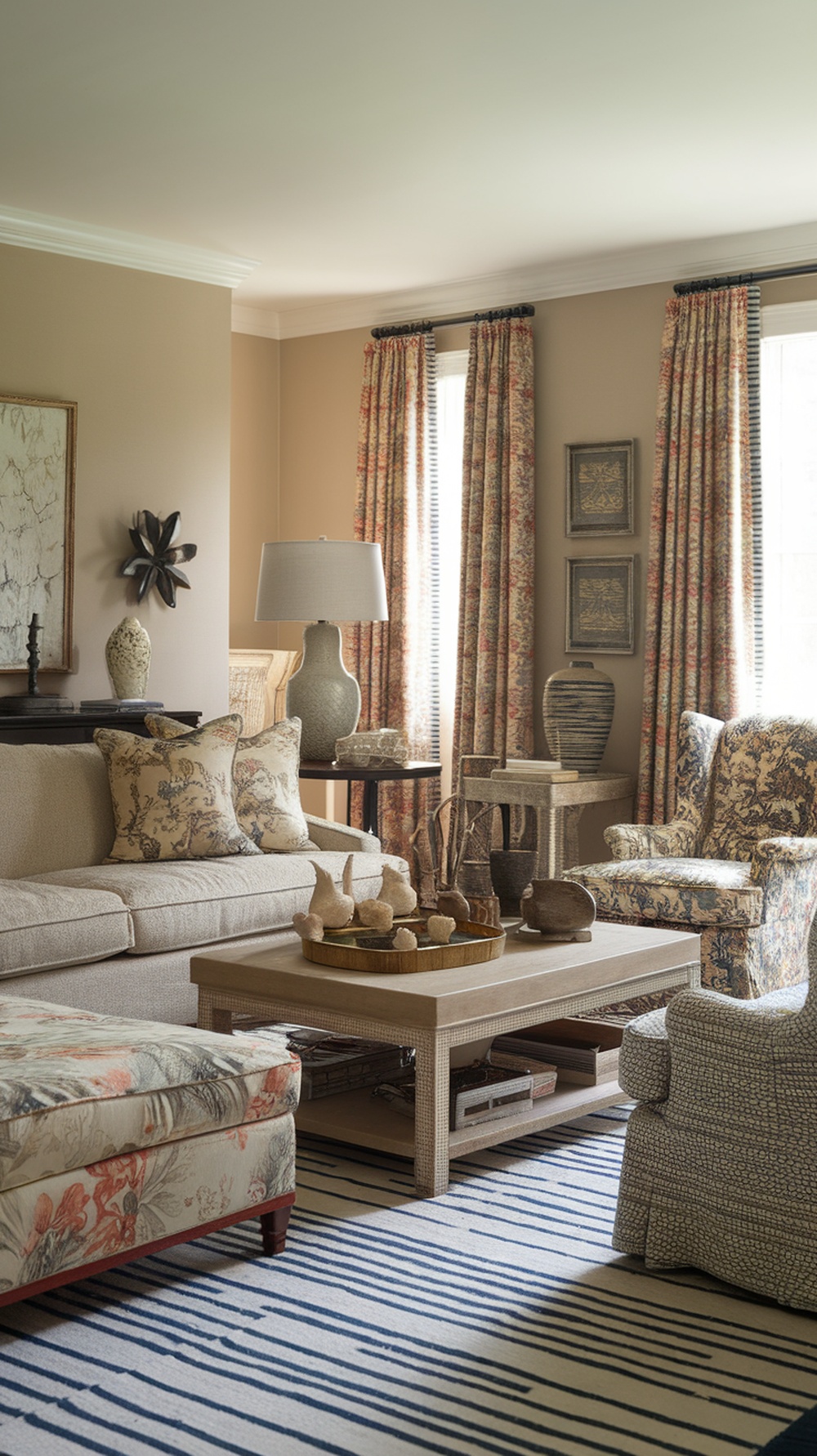 A cozy French country living room featuring textured fabrics and patterns, including a floral sofa, striped rug, and patterned curtains.