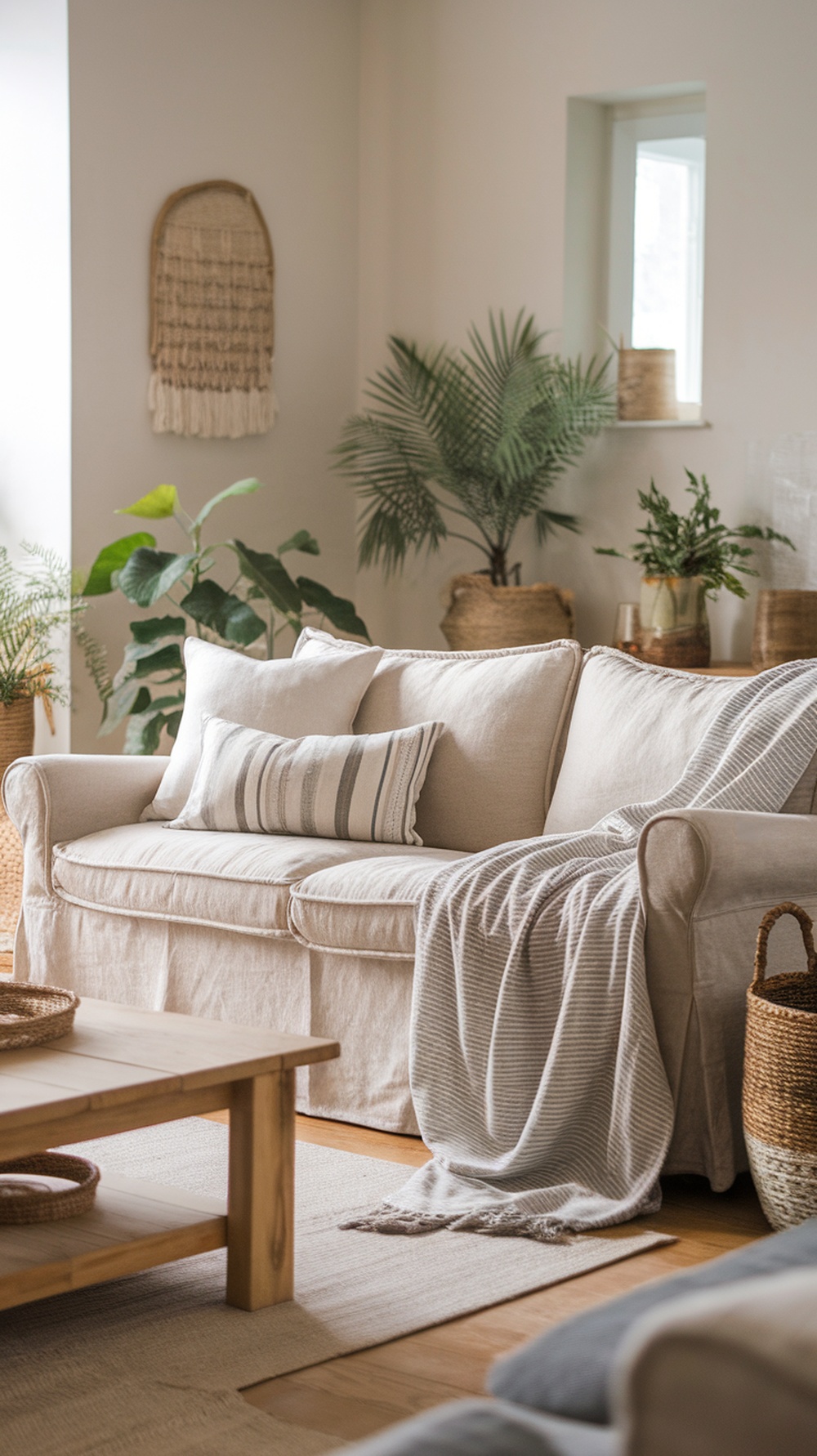 A cozy living room featuring a beige linen sofa with striped cushions and a soft throw, surrounded by indoor plants and natural woven decor.