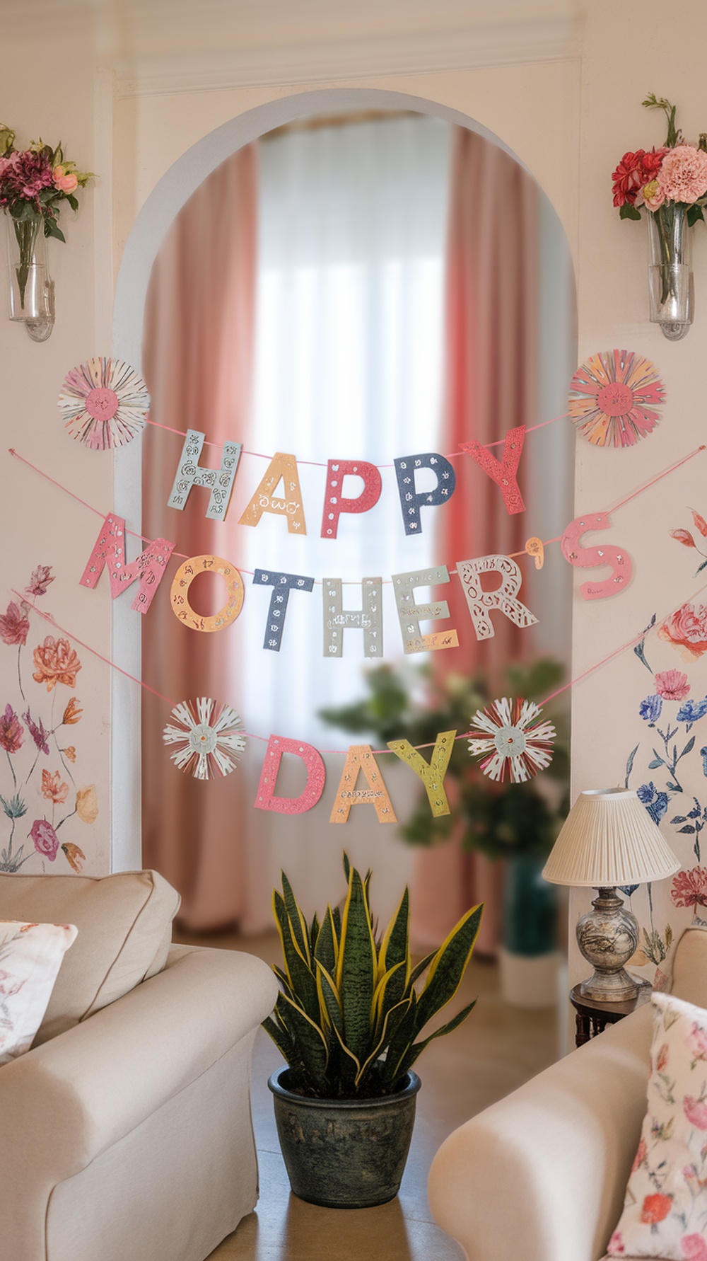 A decorated room featuring a colorful 'Happy Mother's Day' banner and floral garlands.