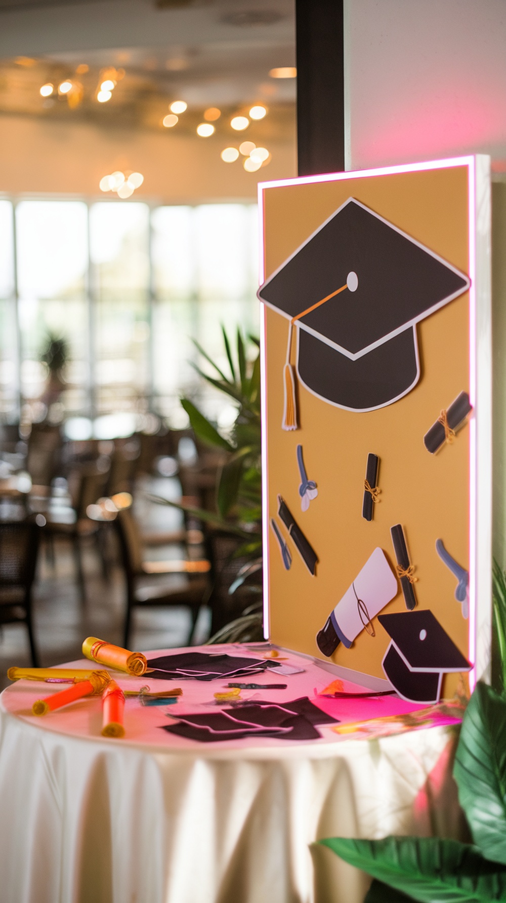 A graduation themed photo booth with a backdrop of graduation caps and diplomas, decorated with colorful props on a table.