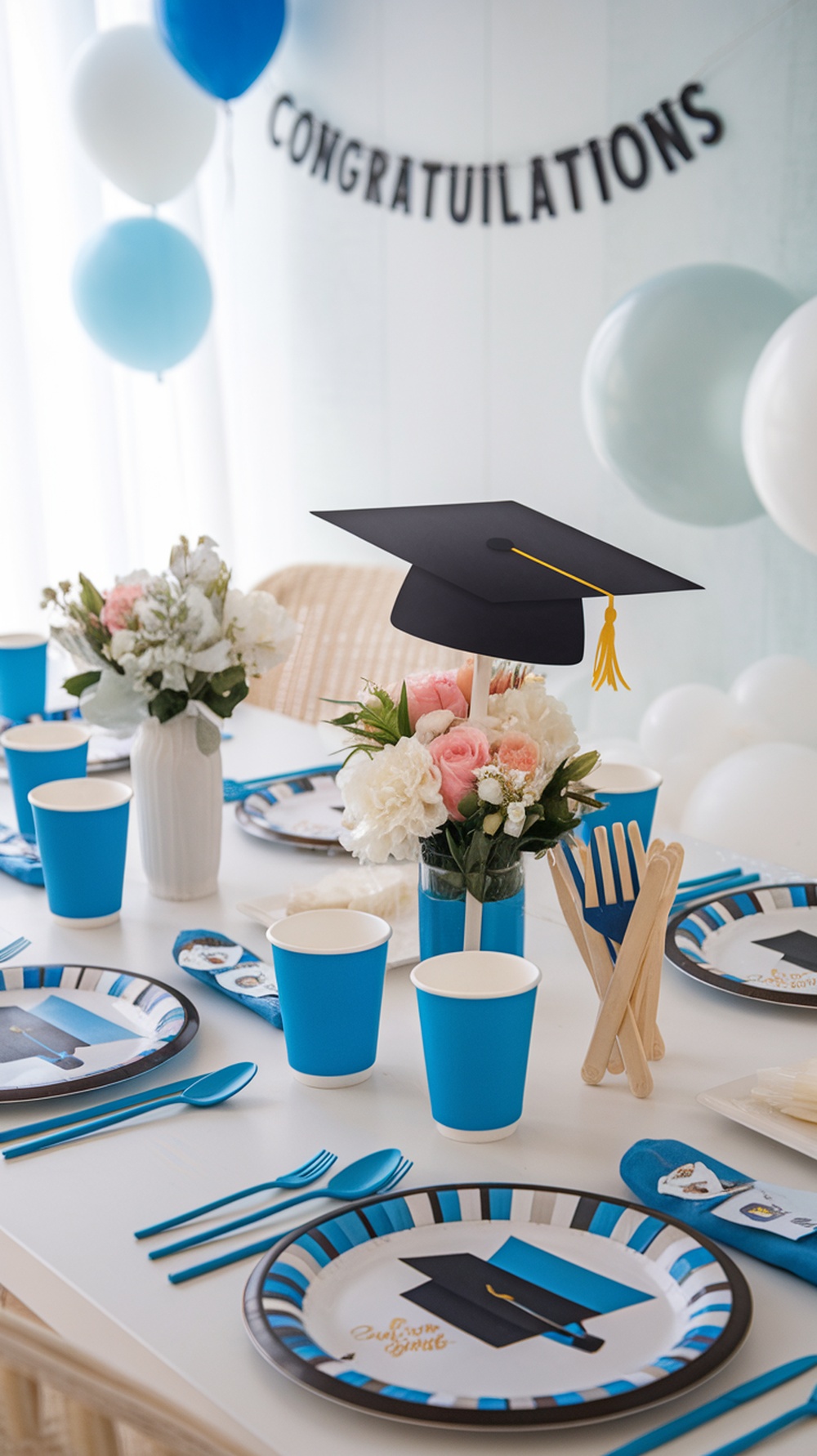 A graduation table setup with themed tableware, including blue cups, plates with graduation cap designs, and floral arrangements.