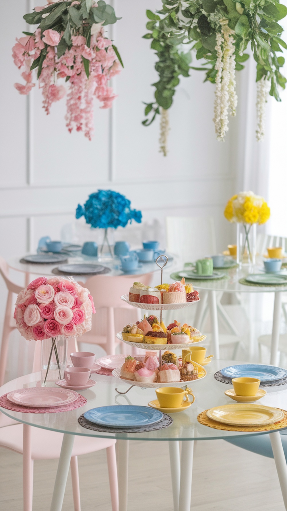 A colorful tea party setup with floral decorations, pastel dishes, and a tiered dessert stand.