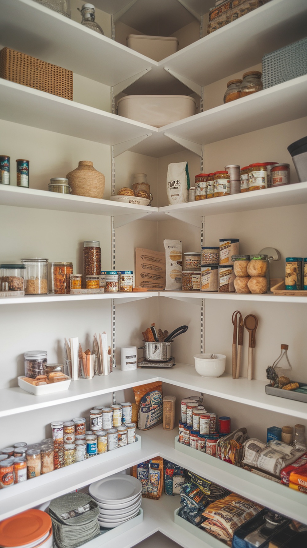 An organized pantry with tiered shelving showcasing various jars, spices, and containers.