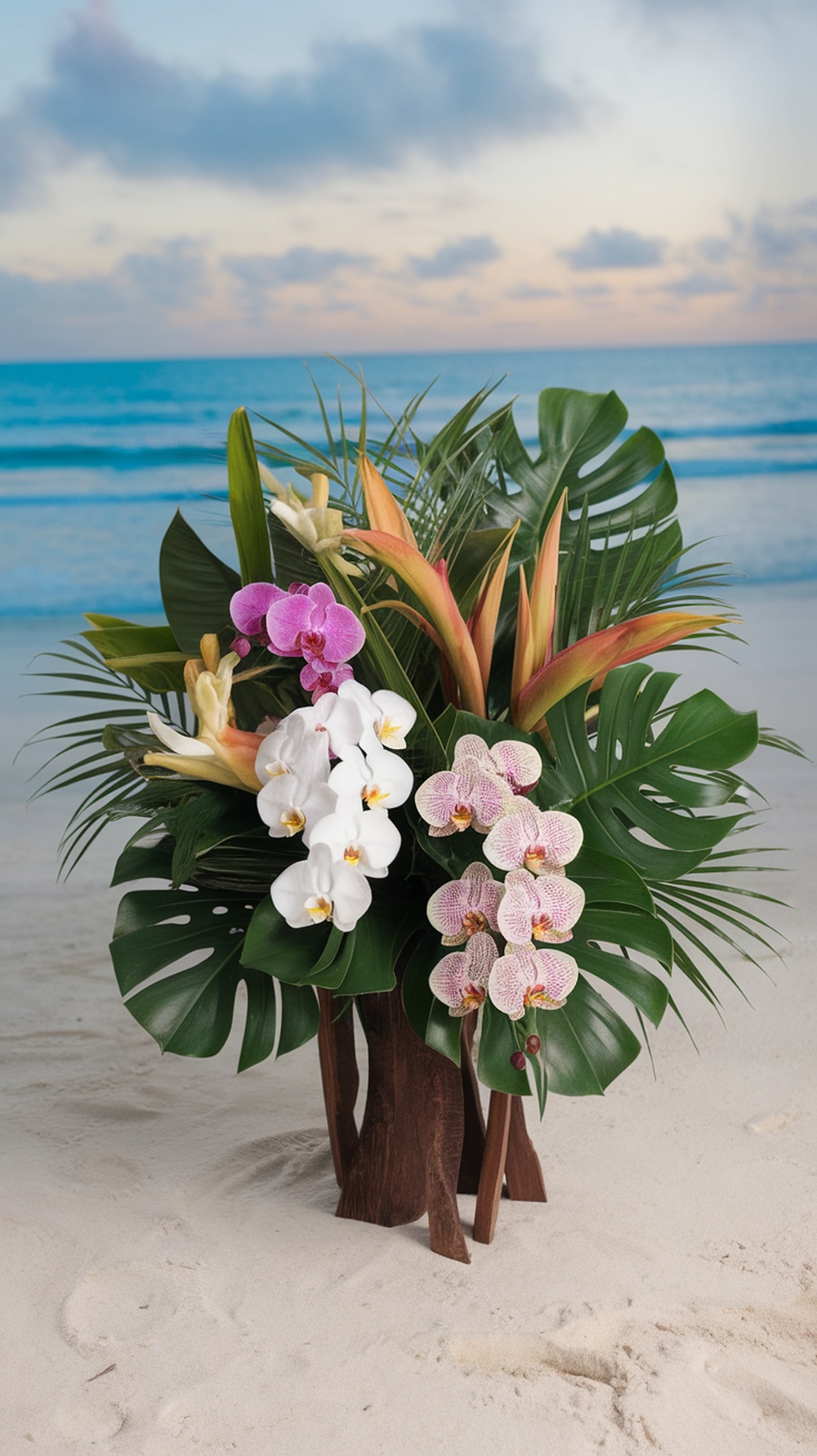 Tropical wedding bouquet with orchids and foliage on a beach