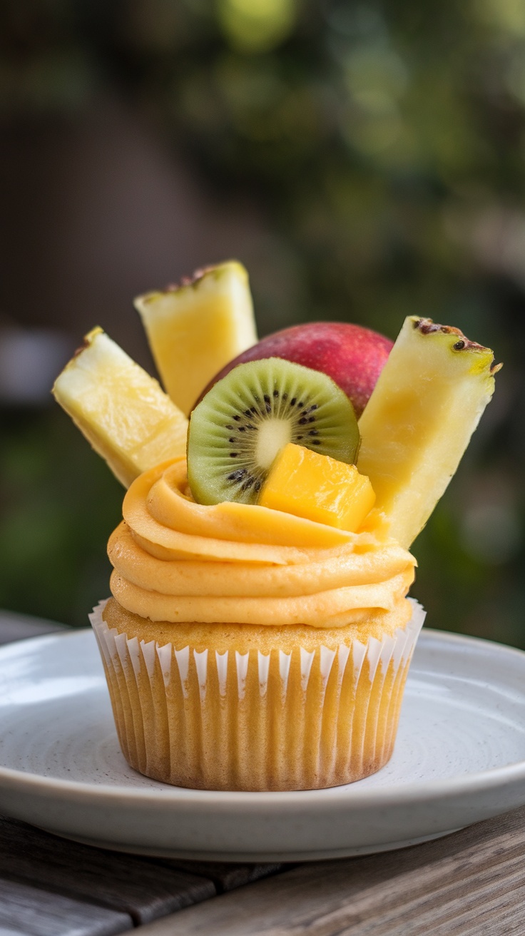 Cupcake topped with tropical fruits like kiwi, pineapple, and mango.