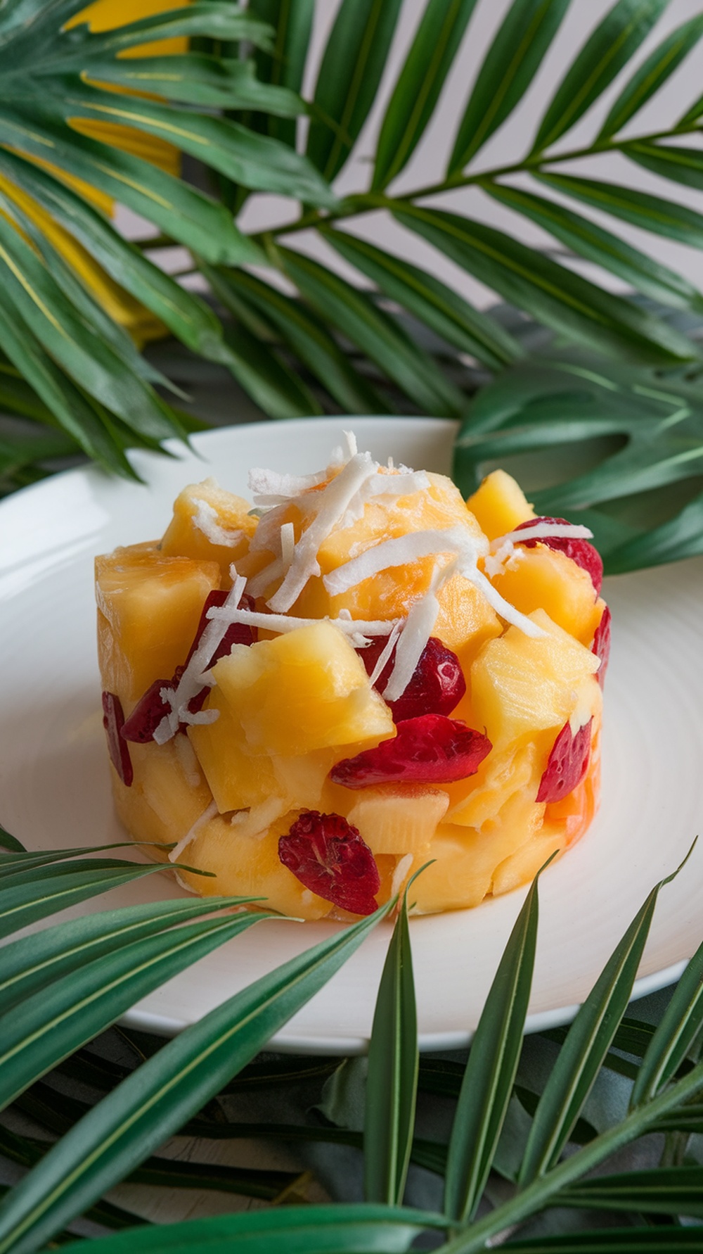 A vibrant tropical fruit salad featuring pineapple chunks, strawberries, and shredded coconut, surrounded by green palm leaves.