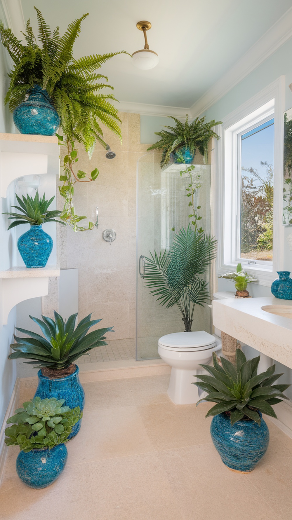 A bright bathroom decorated with tropical plants in blue pots, featuring a shower and natural light.