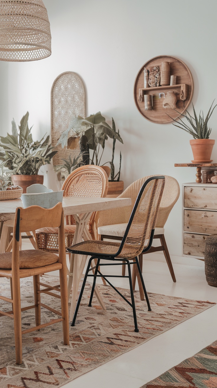 A boho dining room featuring a mix of unique chairs around a wooden table, with plants and decorative items.