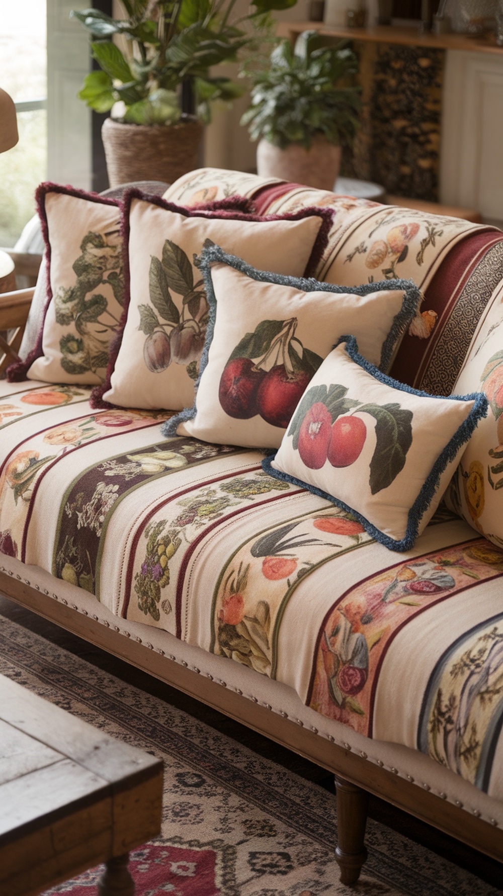 Decorative pillows on a cozy sofa in a French country living room, featuring fruit designs.