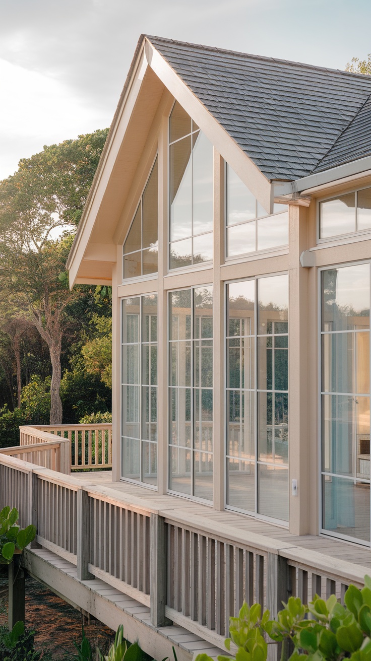Exterior view of a beach house with large windows allowing natural light.