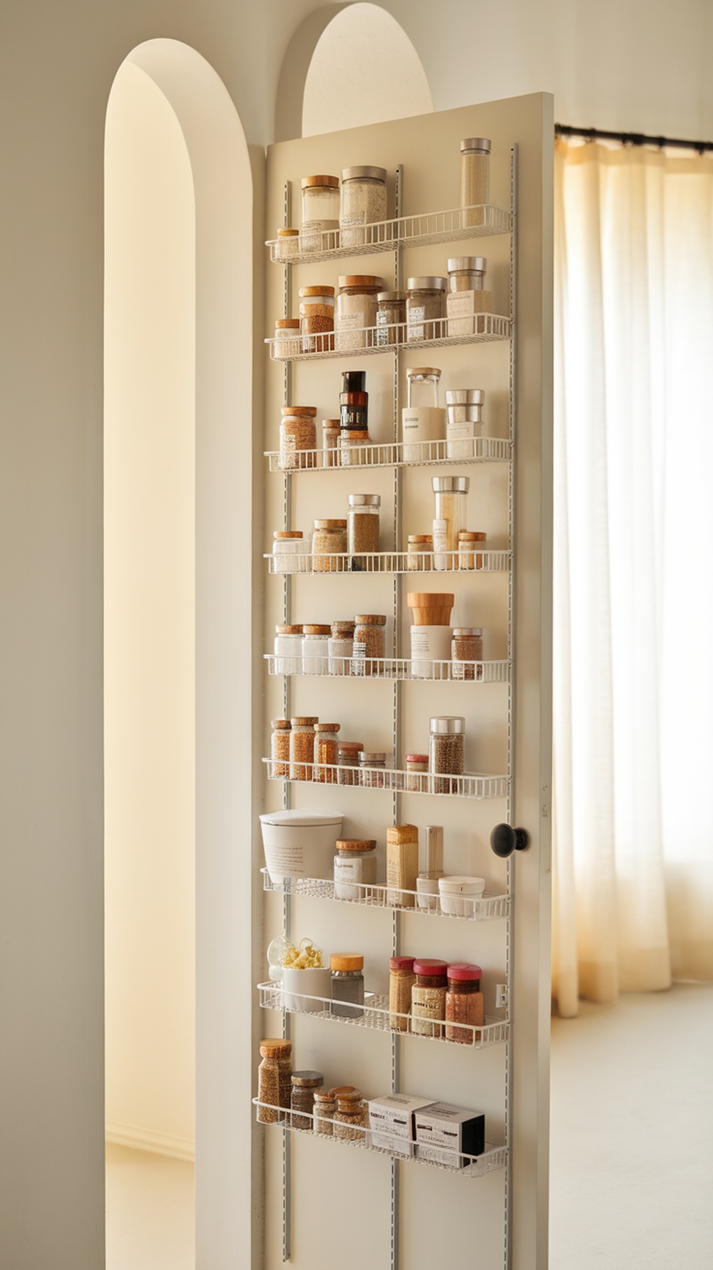 A pantry door with multiple shelves holding various jars and containers for storage.