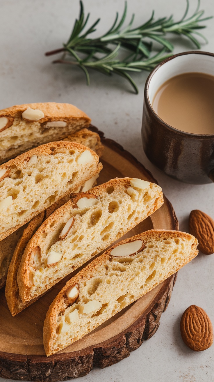 Vanilla almond biscotti with coffee, displayed on a wooden platter with almonds and green sprigs