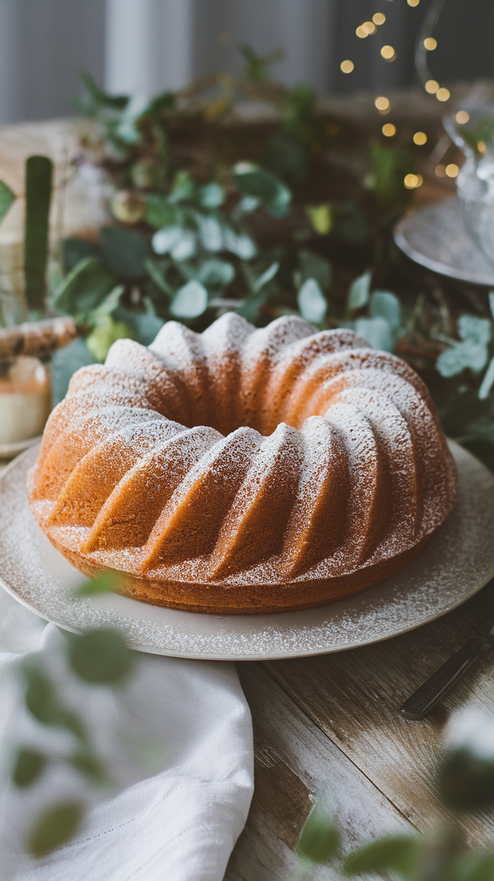 Vanilla Almond Bundt Cake dusted with powdered sugar, surrounded by greenery on a wooden table