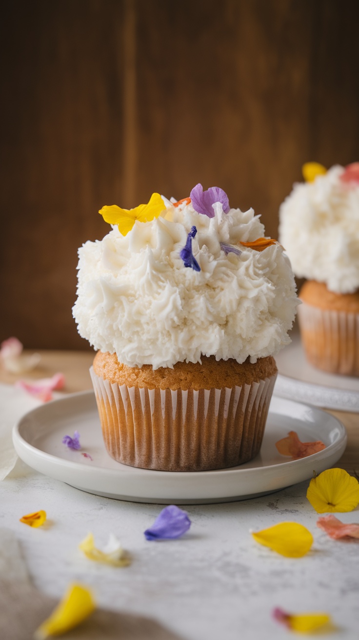 Cupcake topped with white frosting and colorful edible flowers
