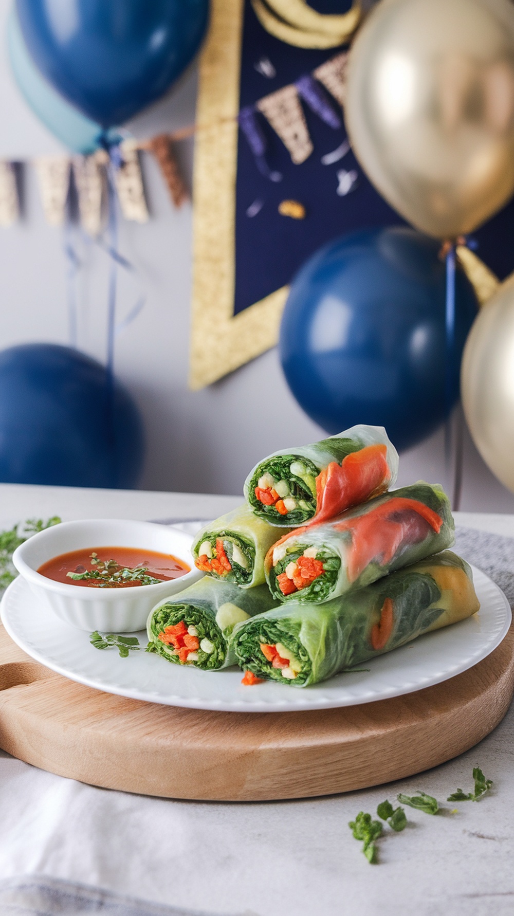A plate of vegetable spring rolls with a dipping sauce, decorated for a graduation party