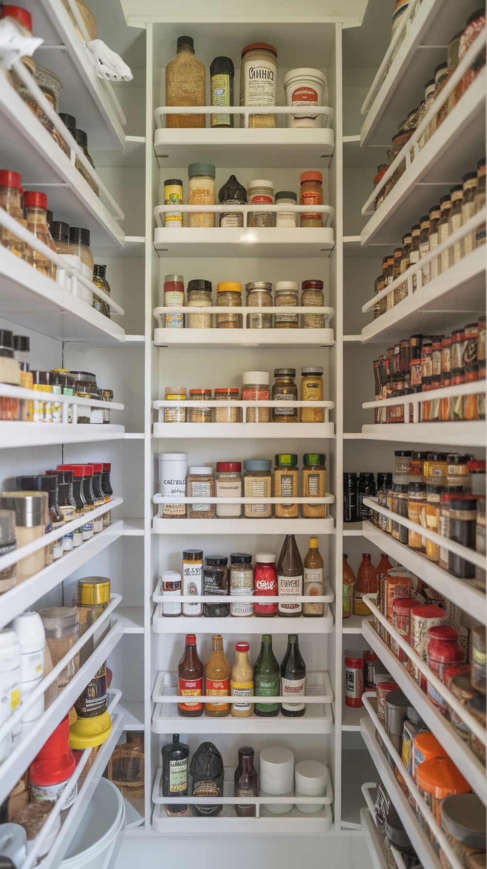 A well-organized pantry with vertical shelves filled with various jars and spices.