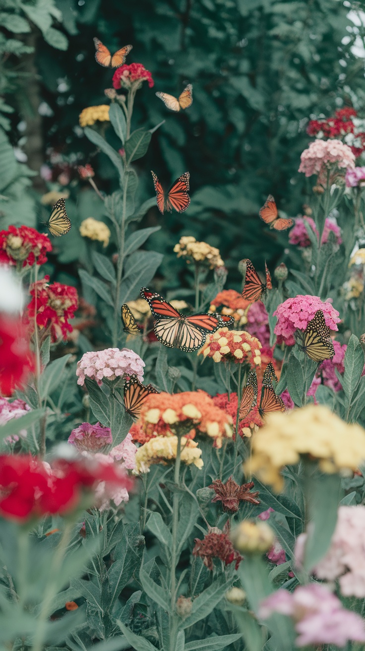 A vibrant butterfly garden filled with various colored flowers and butterflies.