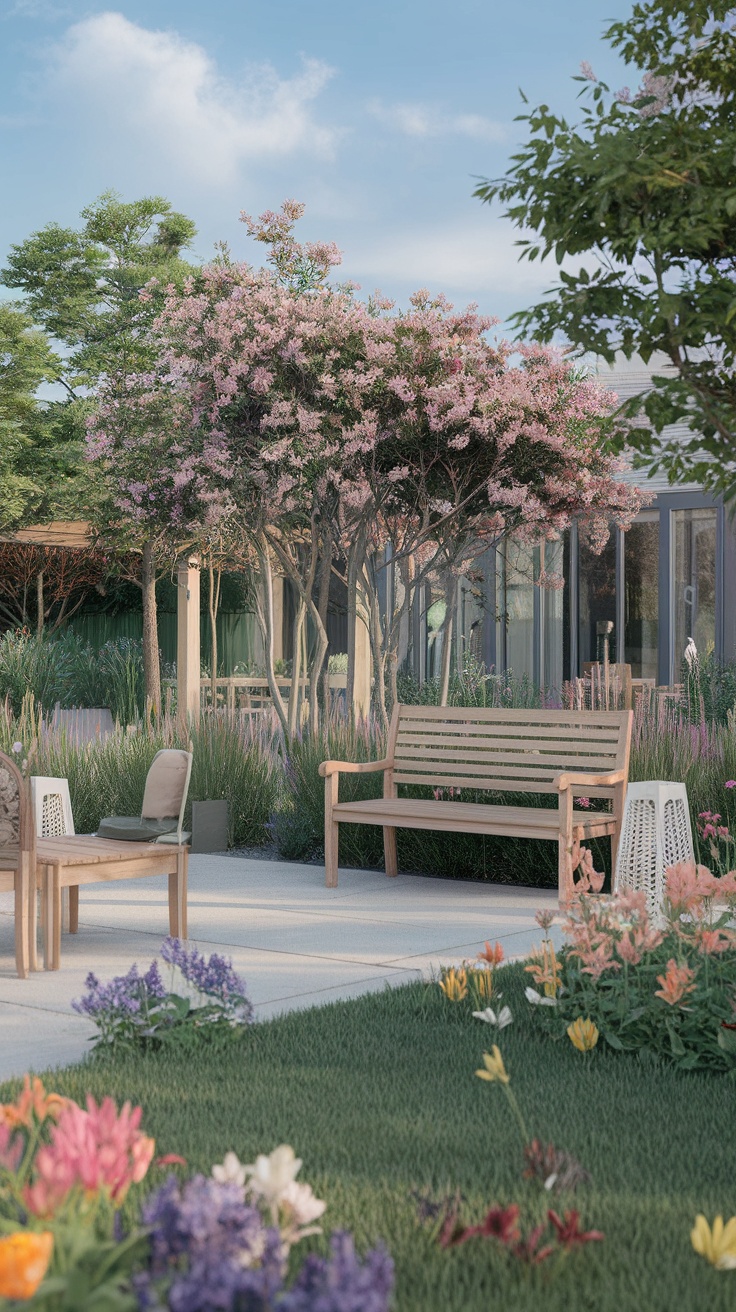 A vibrant garden with blooming flowers and seating area surrounded by trees.