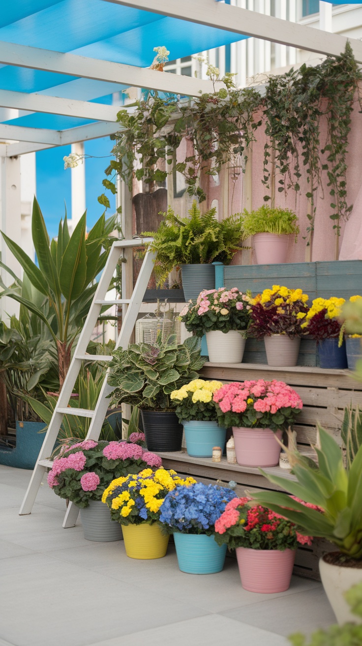 A colorful patio display featuring various potted plants including flowers and ferns.