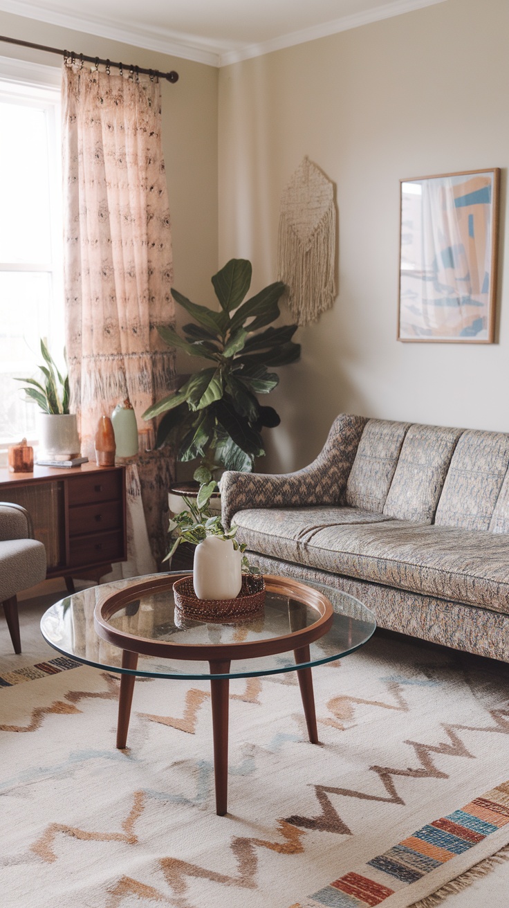A stylish boho chic living room featuring a vintage sofa, round coffee table, and plants.