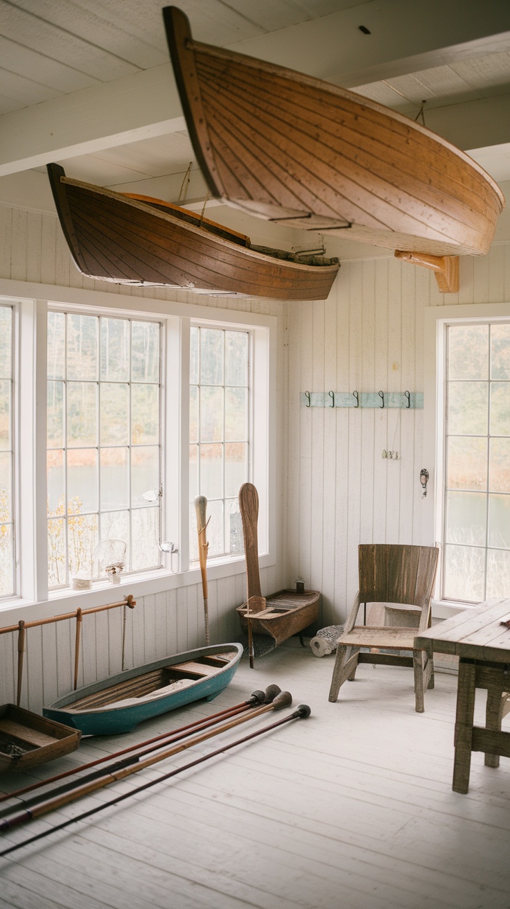 Interior of a vintage lake house with wooden boats and paddles