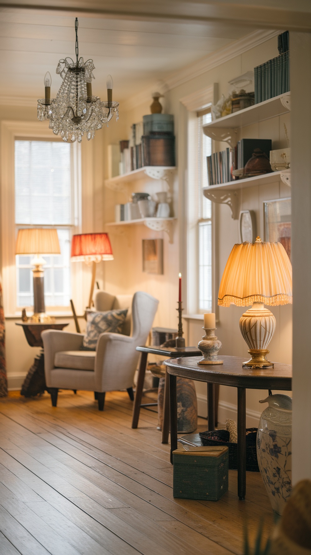 A cozy room with vintage lamps and a chandelier, featuring warm lighting and wooden floors.
