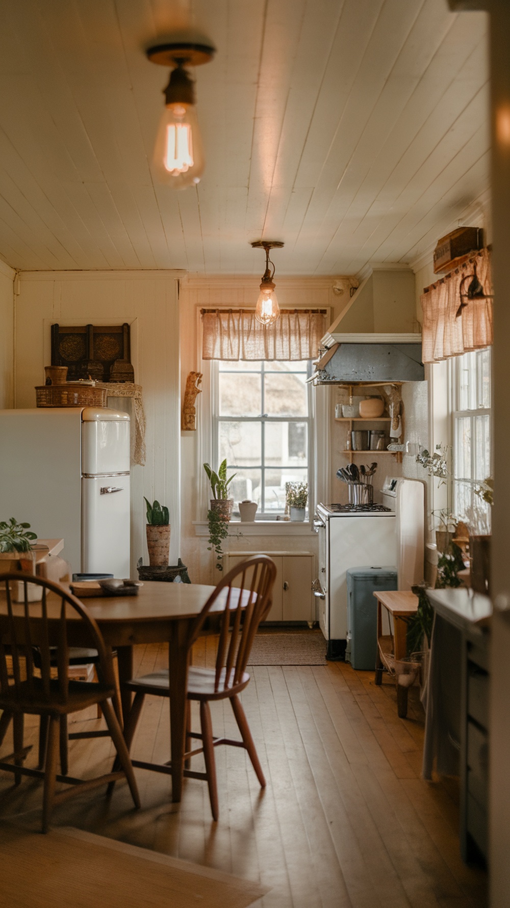 A cozy cottage core kitchen with vintage lighting fixtures and a warm atmosphere.