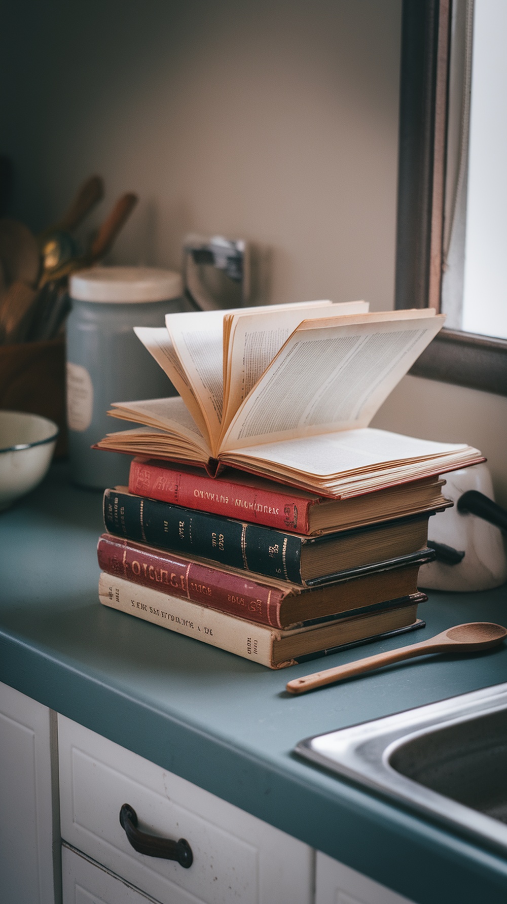 A stack of vintage recipe books on a kitchen counter, with an open book on top, surrounded by kitchen utensils.