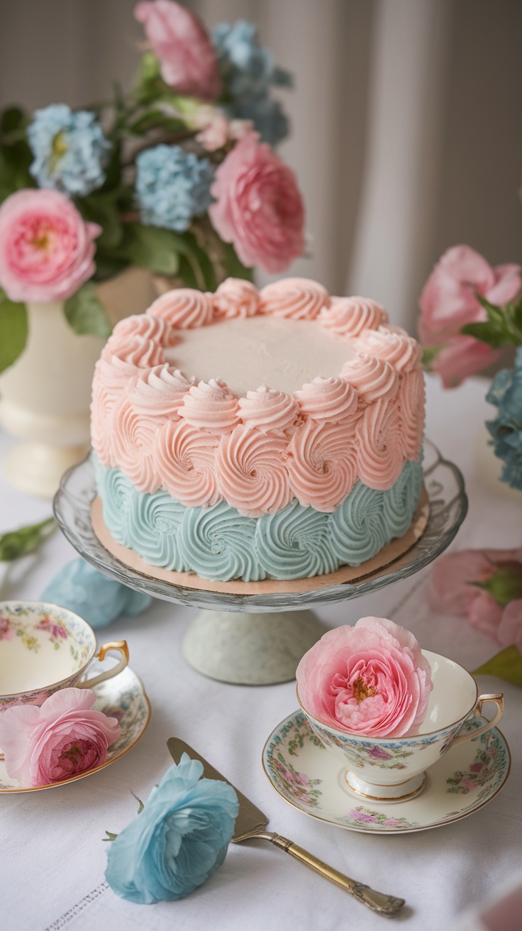 A beautifully decorated vintage cake with pink and blue frosting, set on a table with tea cups and flowers.