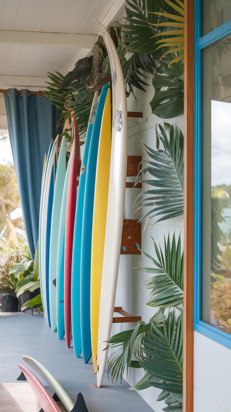 A collection of vintage surfboards displayed on a wall with tropical plants in the background
