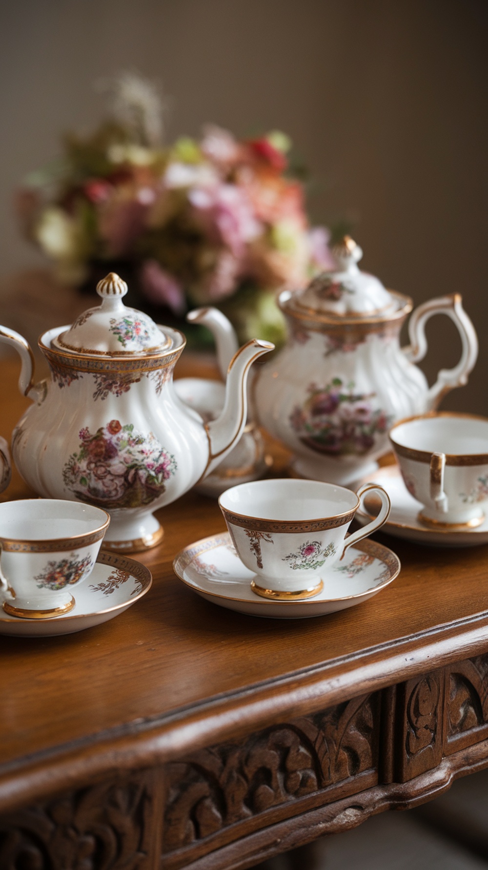 A vintage tea set with floral designs on a wooden table, alongside a bouquet of flowers.