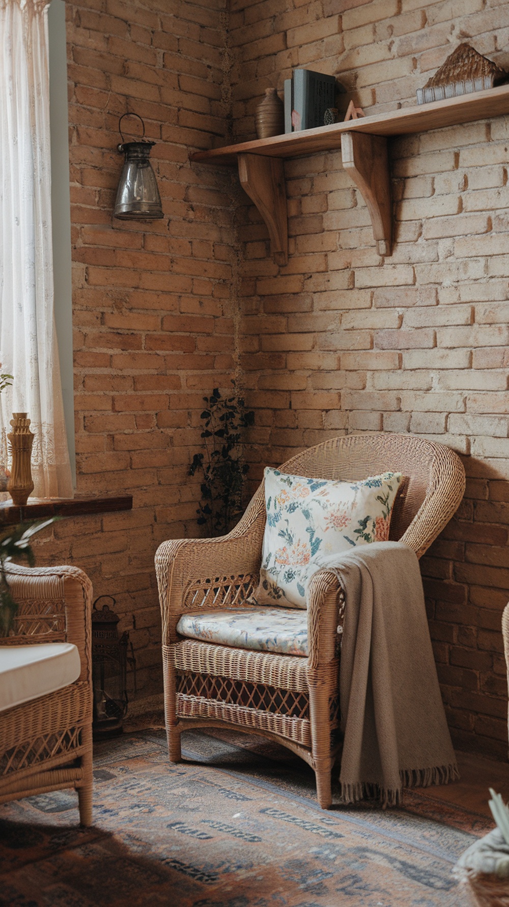 A cozy vintage wicker chair with floral cushions and a soft throw.