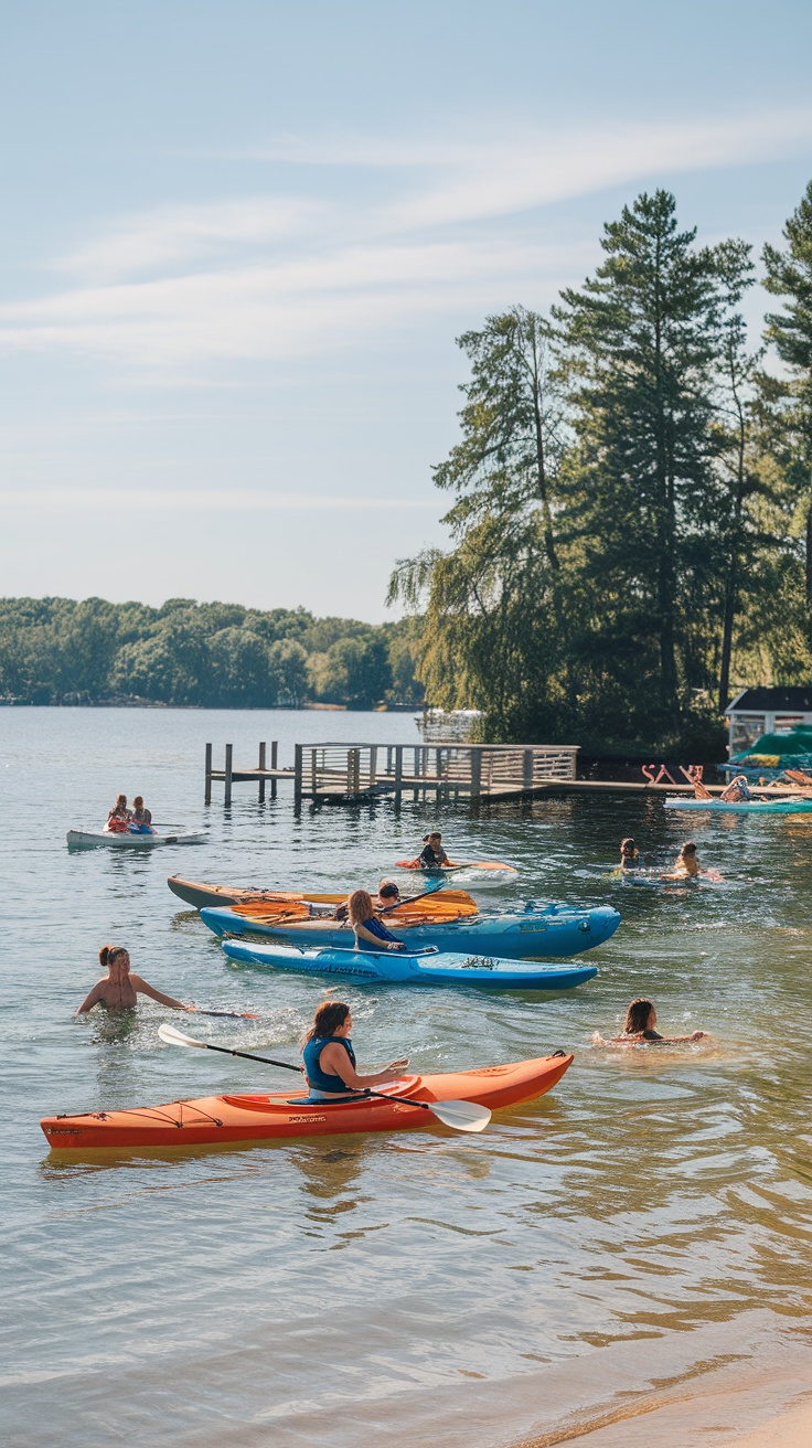 People kayaking and swimming in a serene lake setting with trees in the background.