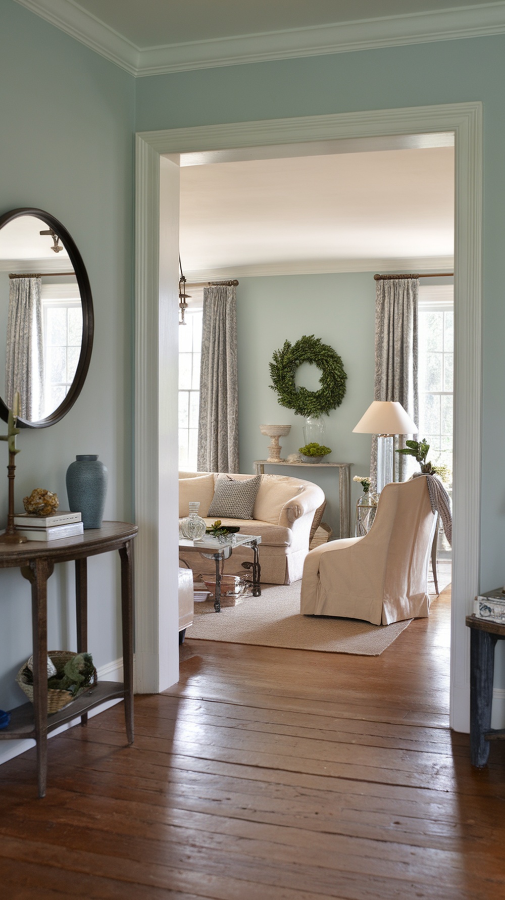 A cozy entryway leading into a French country living room with soft blue walls, a console table with decor, and a light-colored couch.