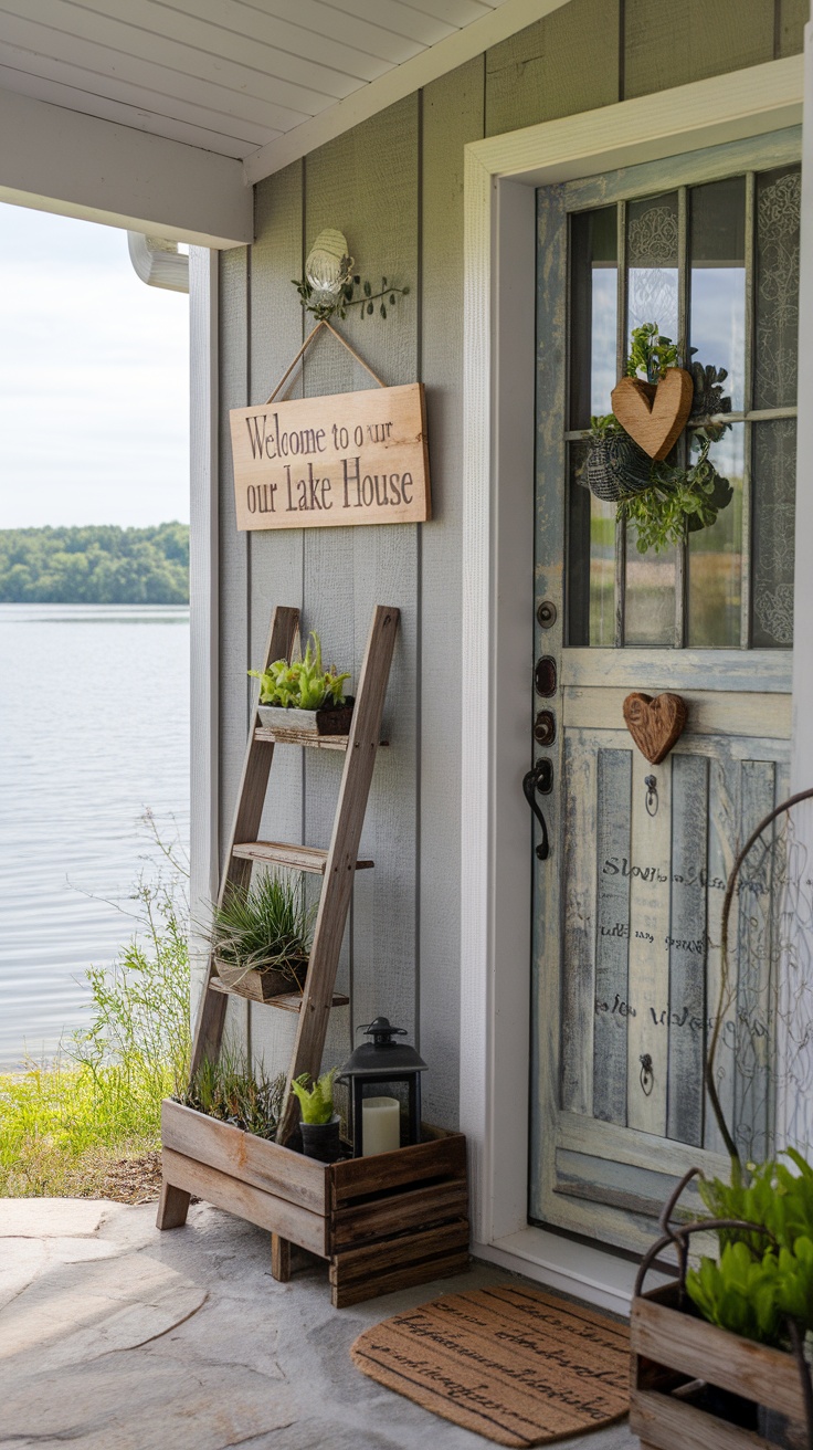 Welcoming entryway of a lake house with a wooden sign, rustic door, and greenery.