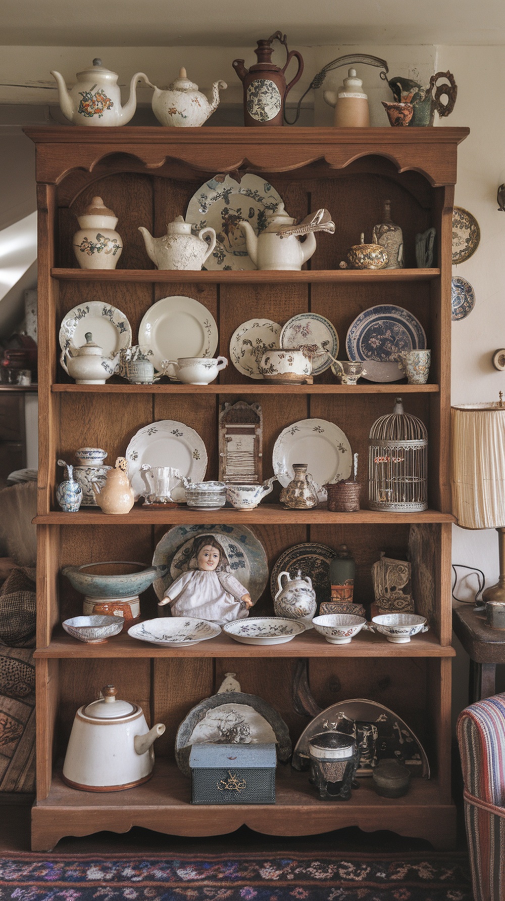 A wooden shelf filled with various antique items like teapots, plates, and a doll, showcasing a vintage cottage decor style.