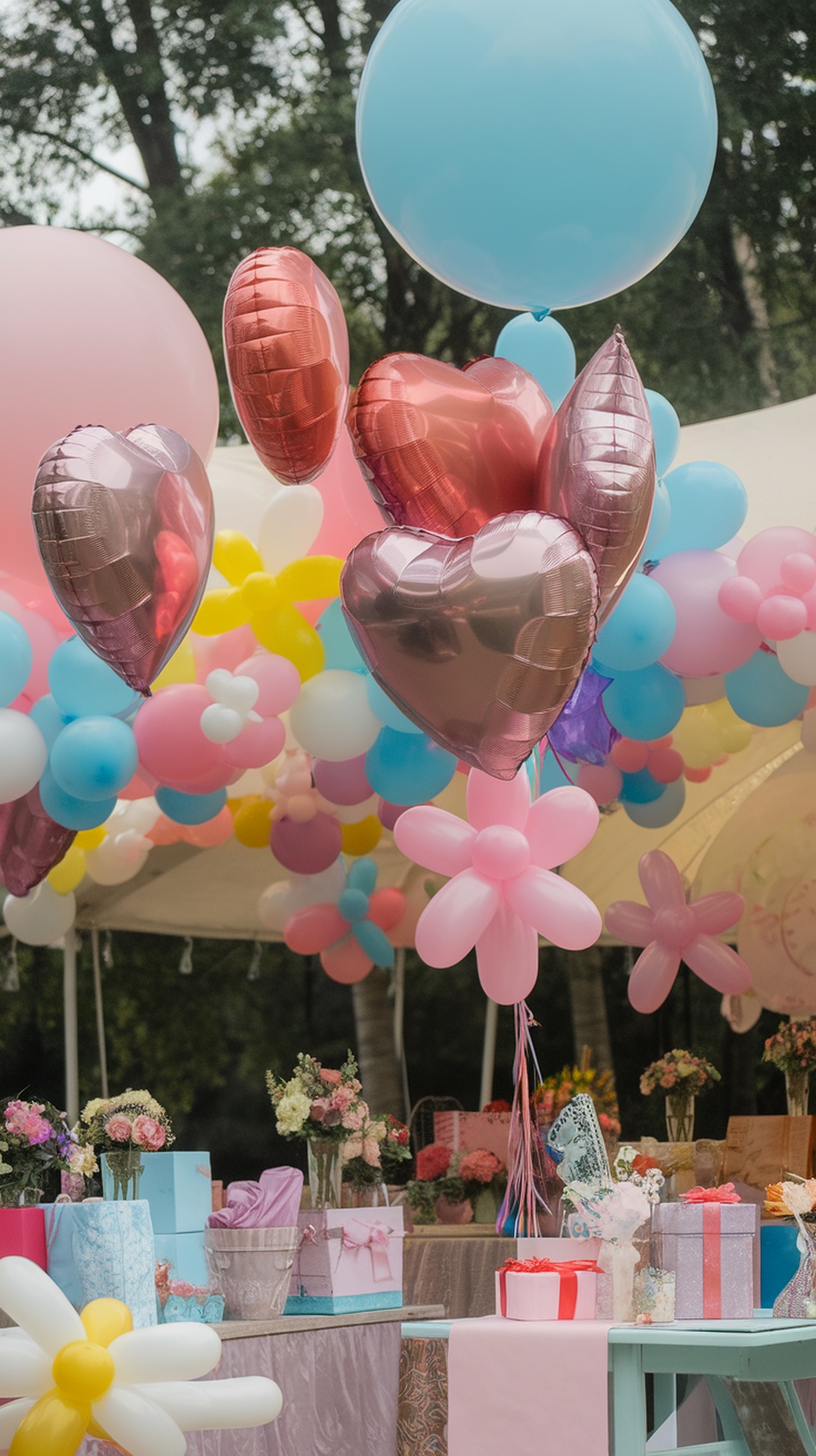 Colorful balloon arrangements with heart-shaped and flower-shaped balloons.