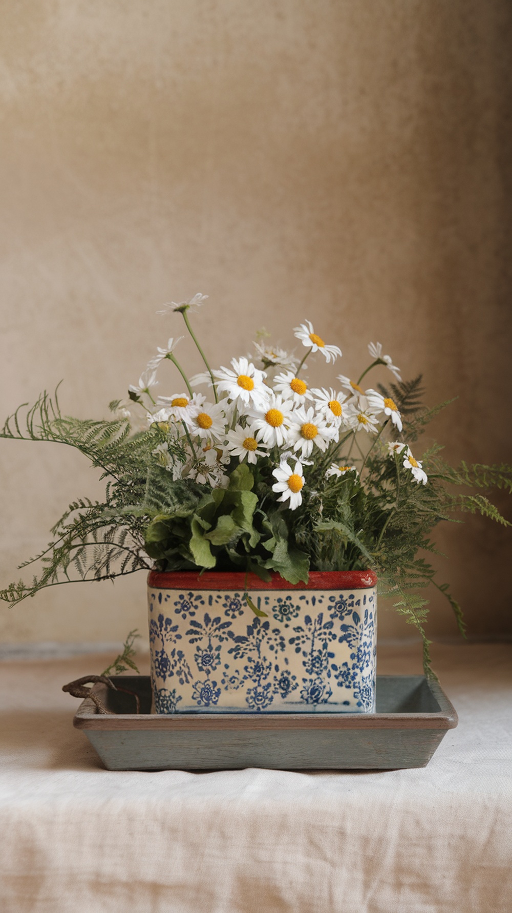 A bouquet of white daisies and ferns in a decorative blue pot