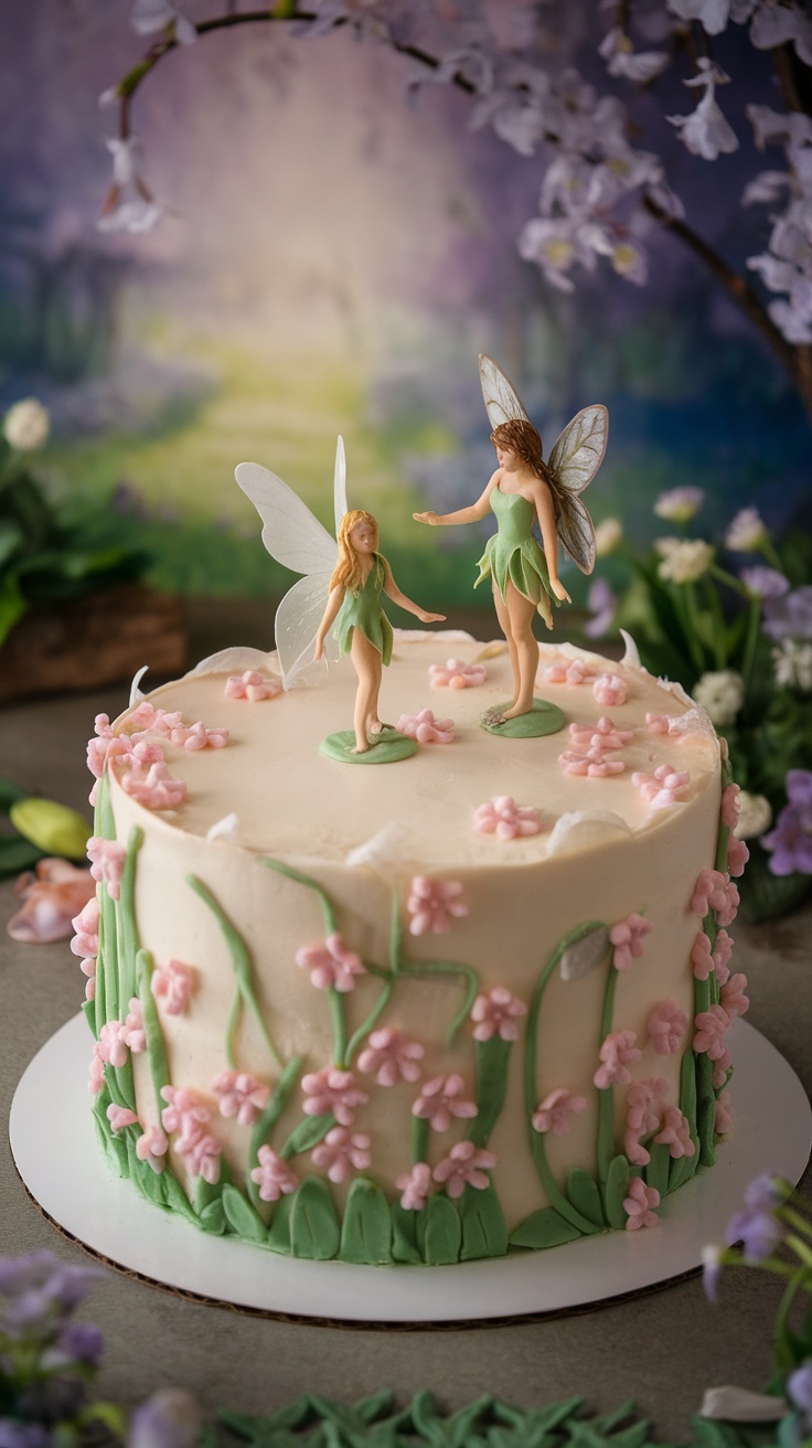 A whimsical fairy garden cake decorated with pink flowers and fairy figurines.