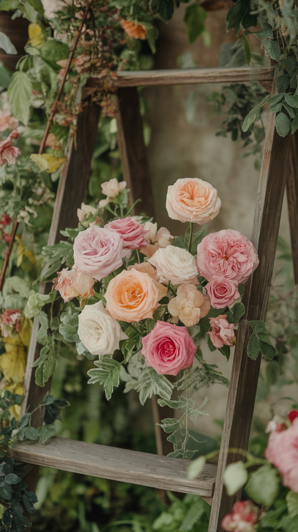 A vibrant mix of garden roses in shades of pink, coral, and white arranged on a wooden ladder.