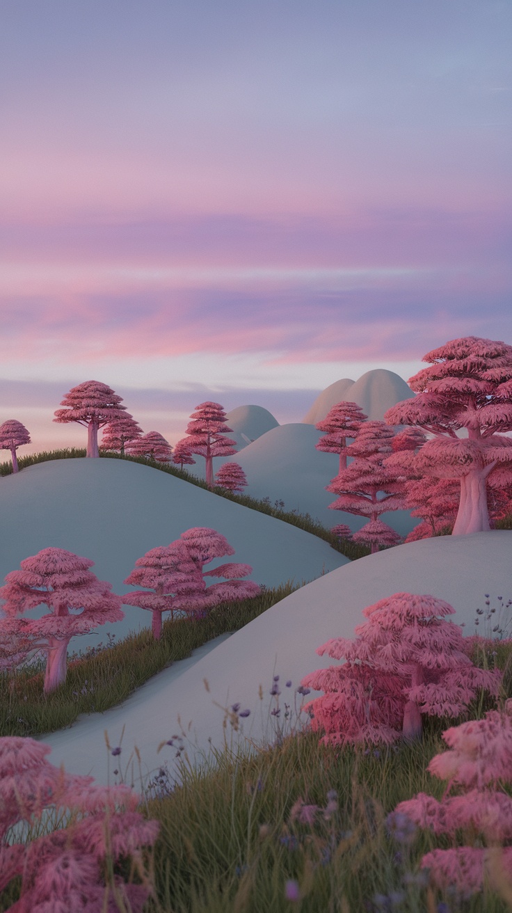 A whimsical spring landscape with pink trees and rolling hills under a pastel sky.