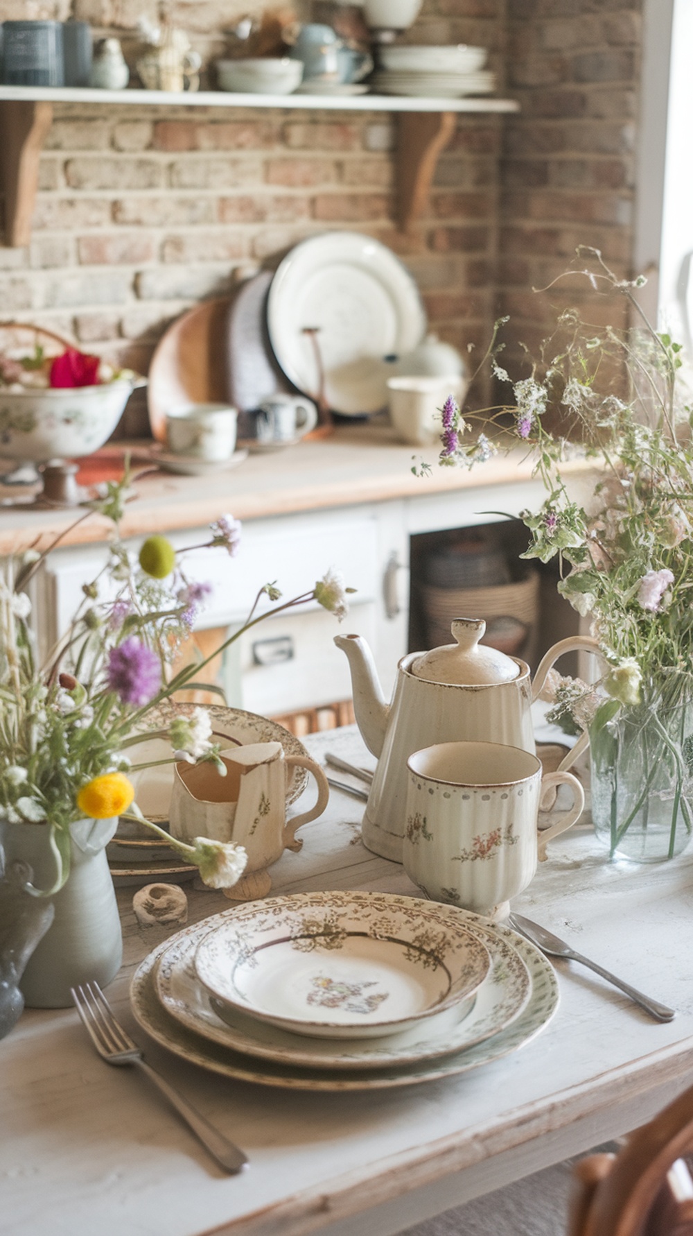 A cozy kitchen table set with vintage plates, tea cups, and wildflowers in a glass vase, surrounded by rustic decor.