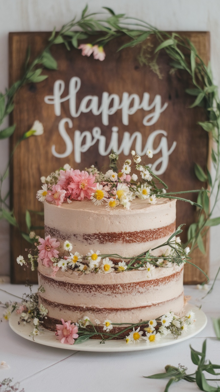 A rustic three-layer cake decorated with wildflowers and a wooden sign that says 'Happy Spring.'