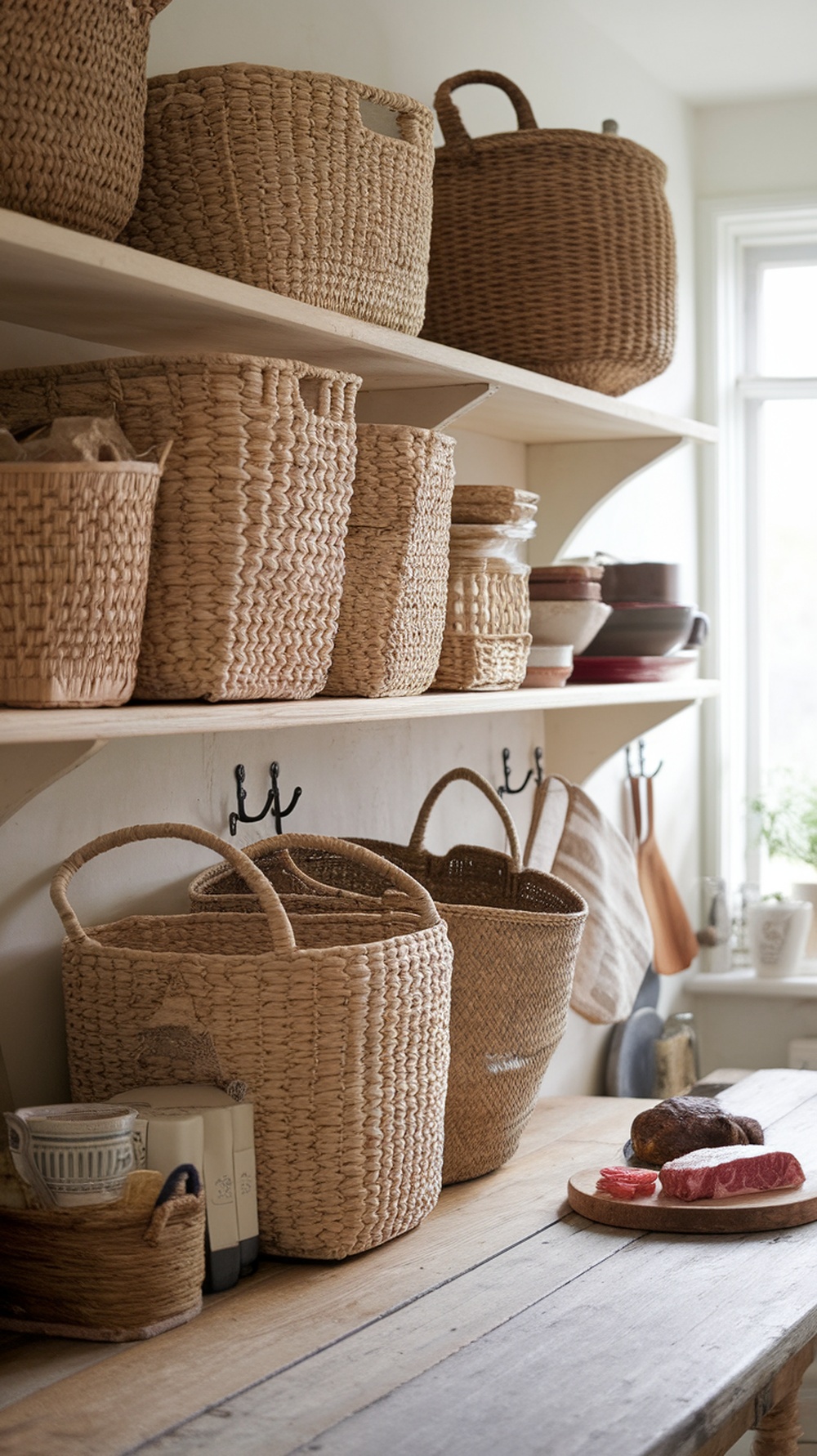 A cozy cottage kitchen with woven baskets on wooden shelves and a rustic wooden table.