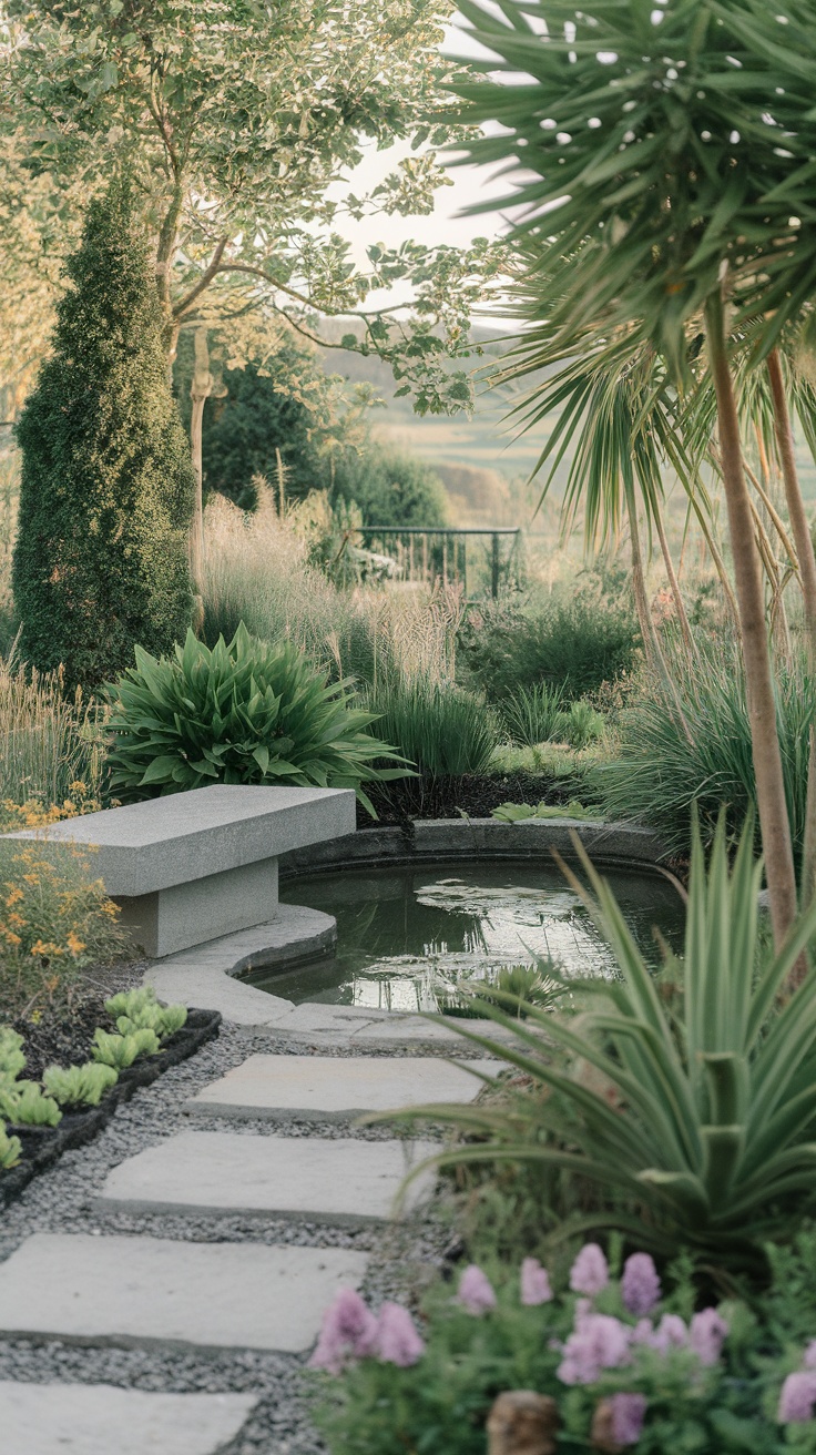 A peaceful garden space with a stone bench and a pond surrounded by various plants and flowers.