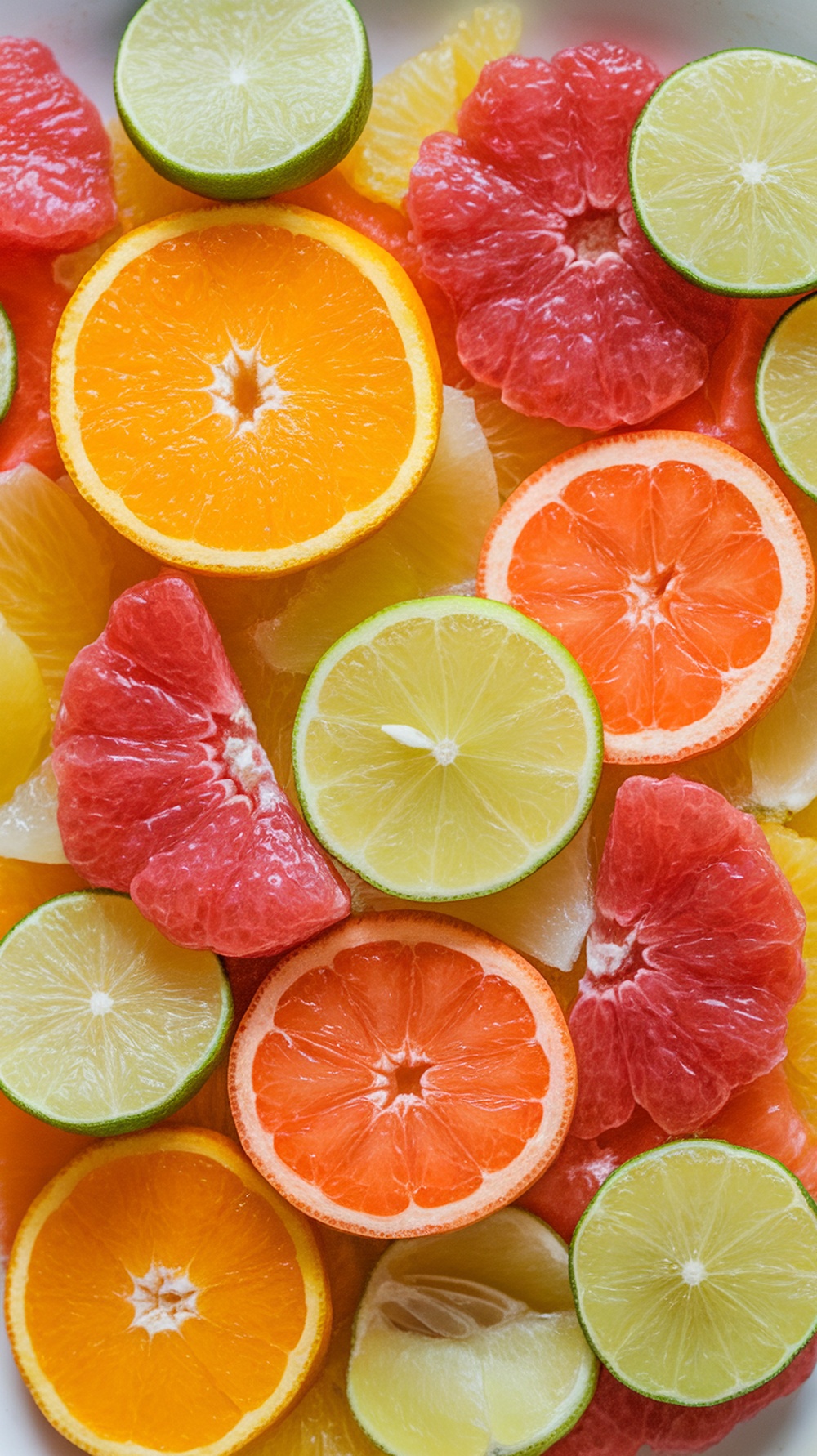 A colorful arrangement of sliced citrus fruits including oranges, grapefruits, limes, and lemons.