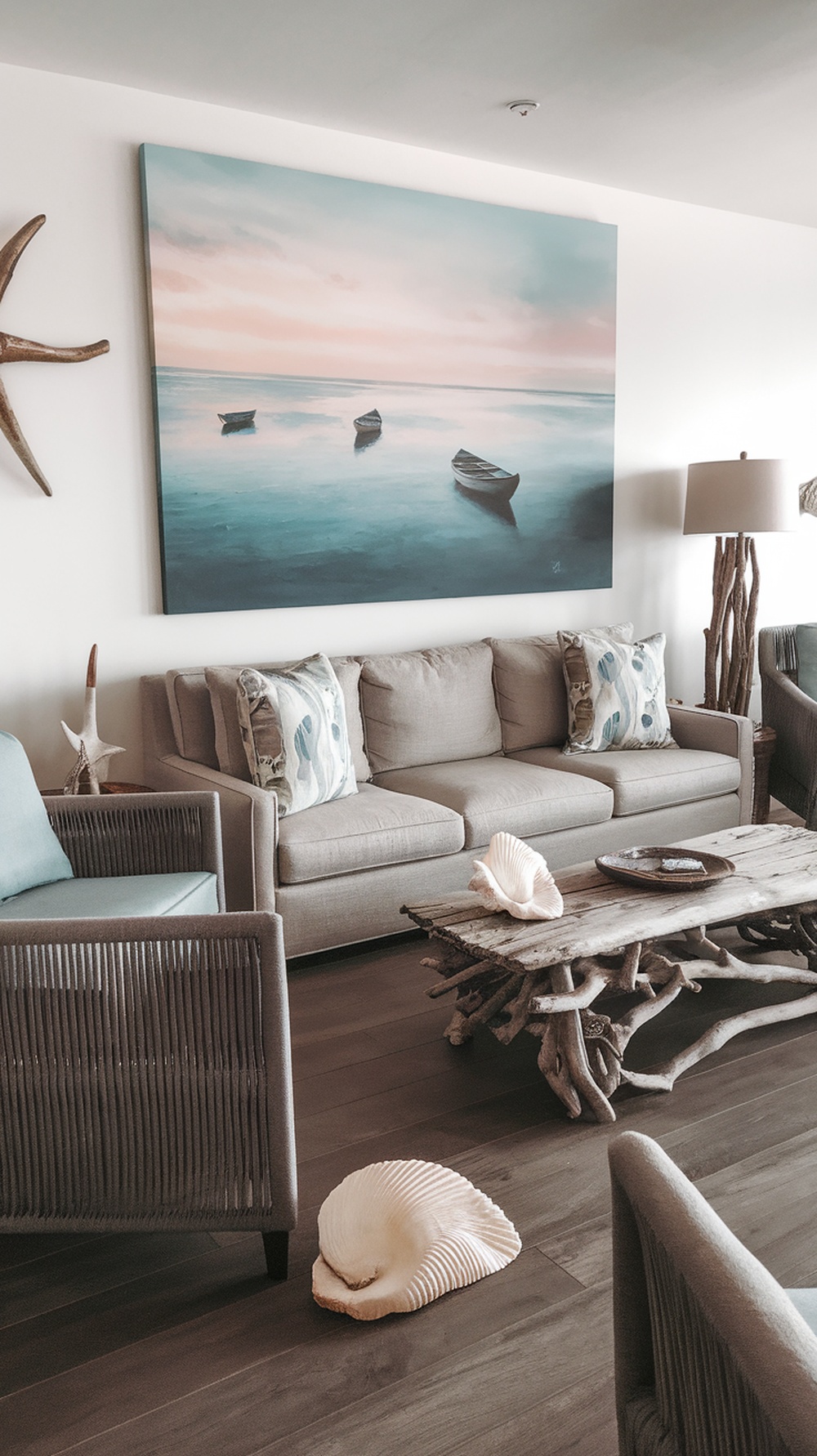 A beach-inspired living room with a boat painting, grey couch, and wooden coffee table.